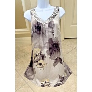 VTG Spiegel Grey Floral Sz 10 Silk Sleeveless Blouse Crystal Neck Fairy babydoll